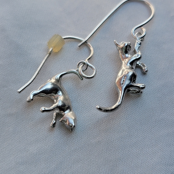 Silver Dangle Cat Earrings - Picture 2 of 2